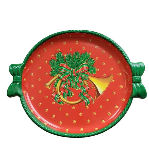 Vintage Christmas Deluxe Large Serving Tray Holiday Plastic Platter Red Horn - Picture 1 of 6